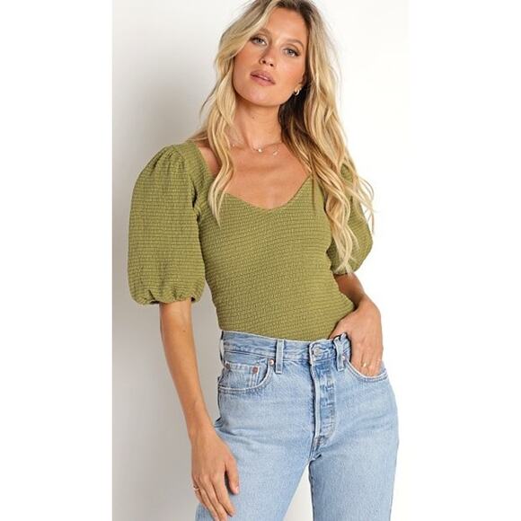 Nation Ltd Bianca Smocked 80's Tee Olive Green Womens Size Large - Picture 1 of 6